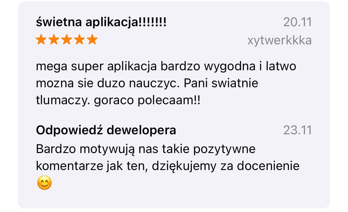 "5-gwiazdkowa opinia na App Store: świetna aplikacja do nauki matematyki, poleca xytwerkkka"