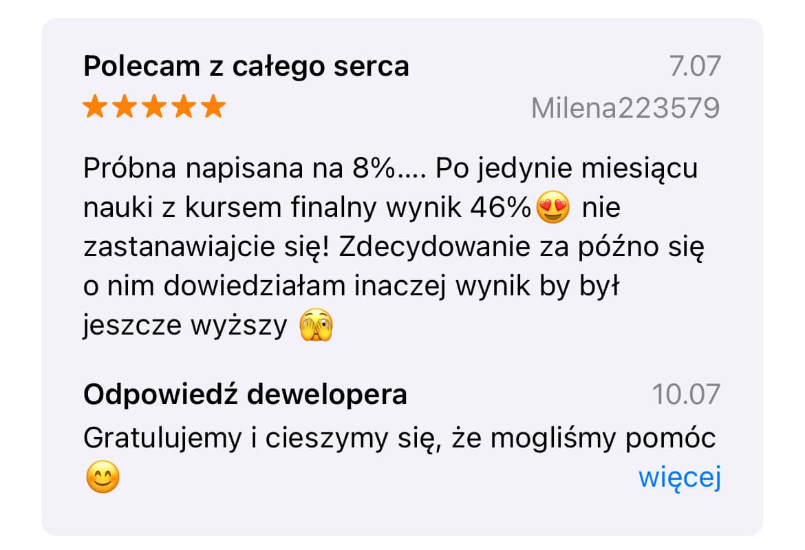 "5-gwiazdkowa opinia na App Store: Milena223579 poleca aplikację za poprawę wyników z 8% na 46%"