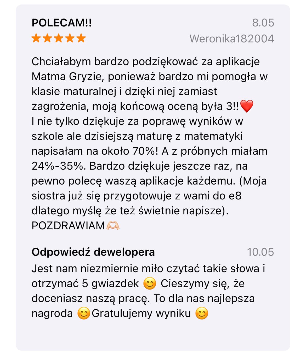 "5-gwiazdkowa opinia Weronika182004 na App Store: poprawa ocen dzięki Matma Gryzie"