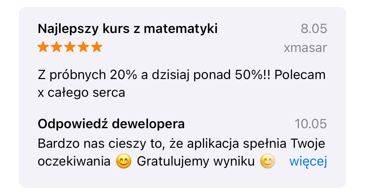 "5-gwiazdkowa opinia na App Store: poprawa wyników z matematyki, autor xmasar, poleca aplikację"