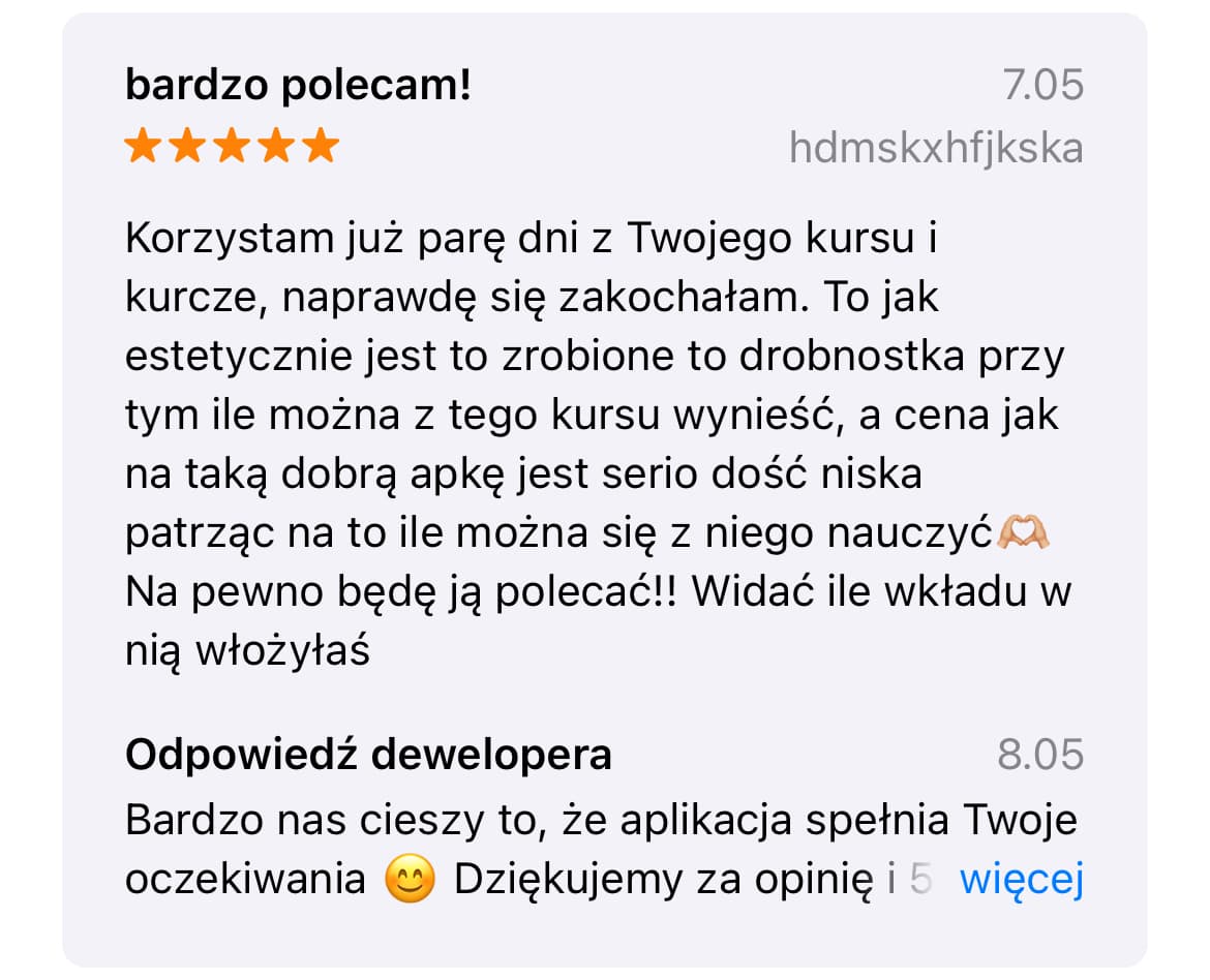 "5-gwiazdkowa opinia na App Store: estetyka i skuteczność kursu matematyki, poleca hdmskxhfjksa"