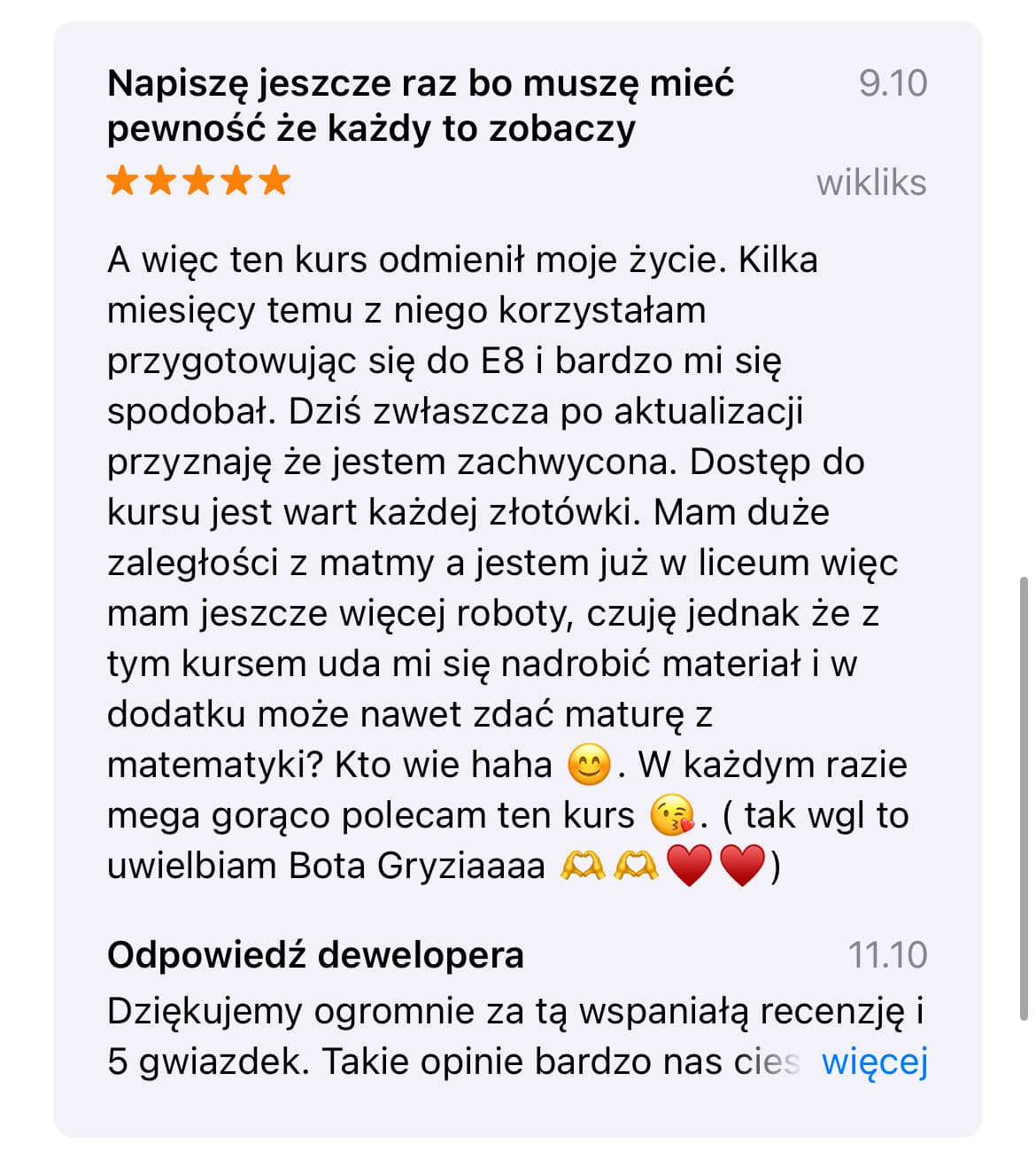 "5-gwiazdkowa opinia na App Store: kurs odmienił życie, polecany przez wikliks"