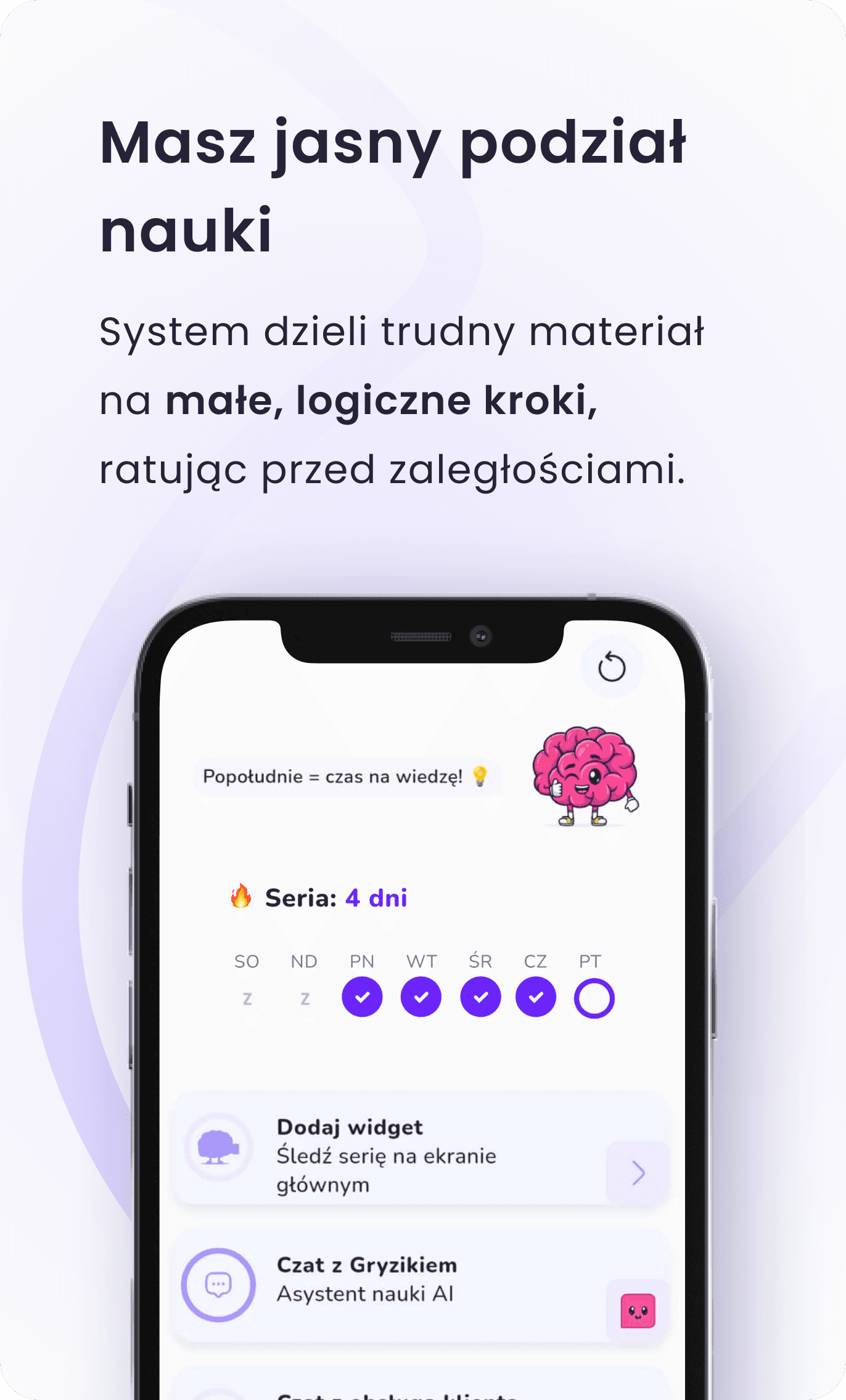 Masz jasny podział nauki. System dzieli trudny materiał na małe, logiczne kroki, ratując przed zaległościami.