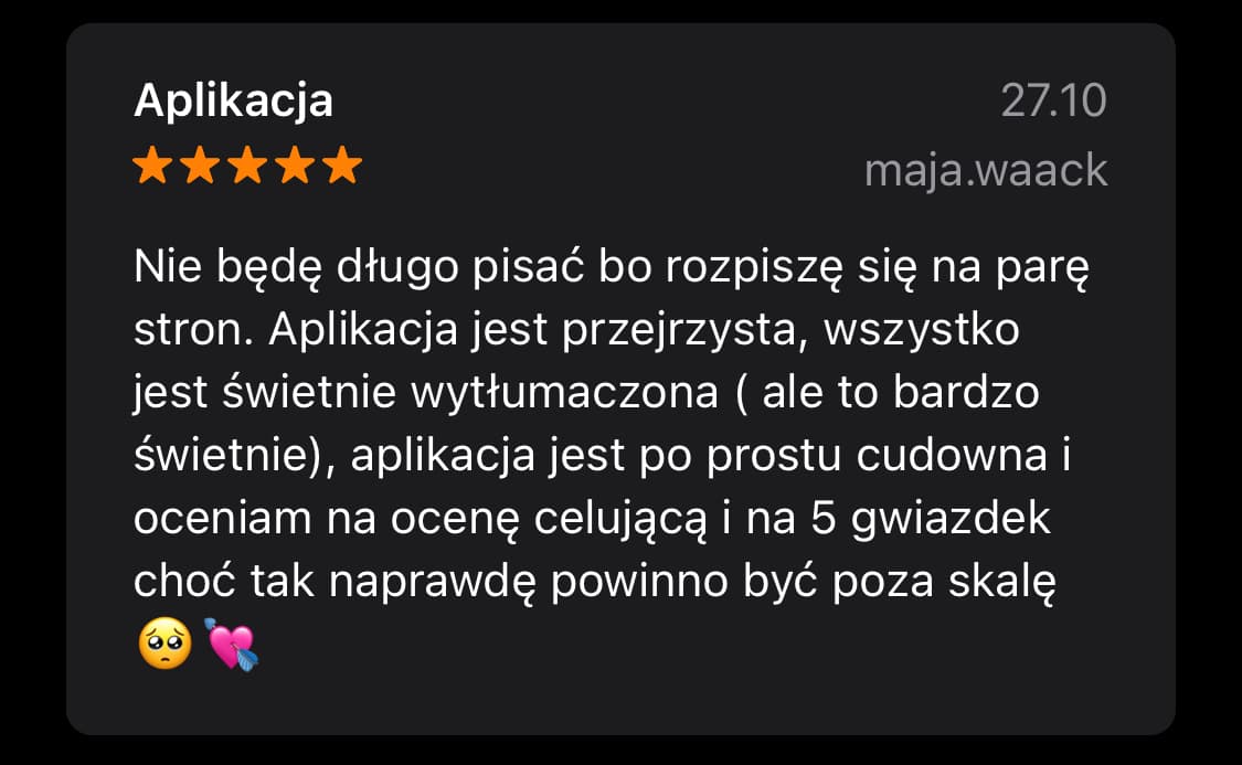 Opinia z App Store: aplikacja przejrzysta, wszystko świetnie wytłumaczone