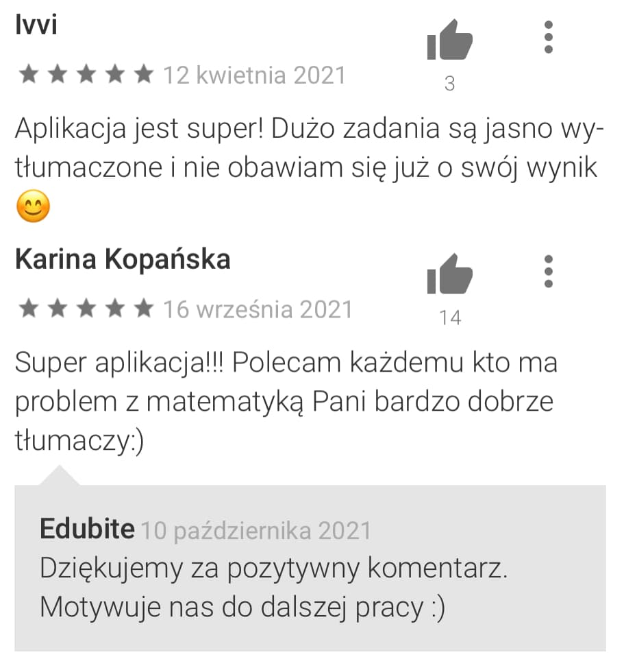 Opinia z Google Play: aplikacja jasno tłumaczy zadania, polecana przy problemach z matematyką