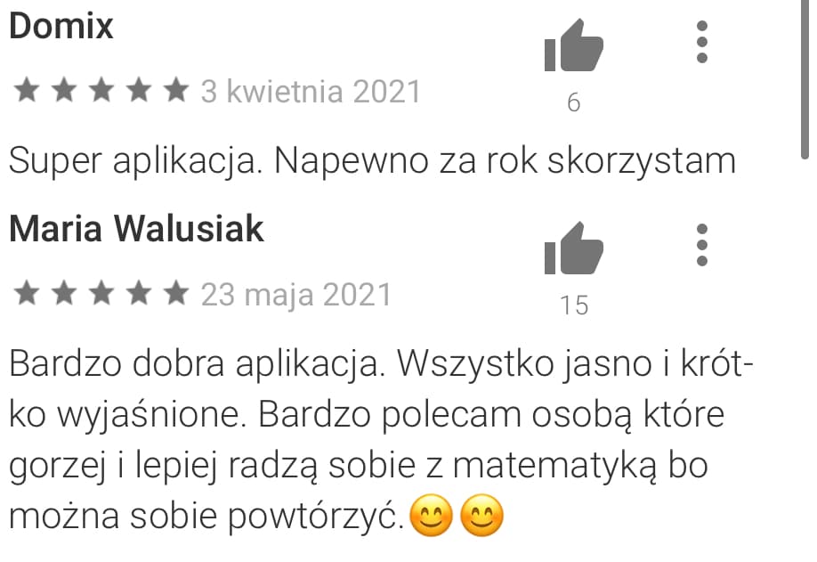 Opinia z Google Play: wszystko jasno i krótko wyjaśnione, polecana dla lepszych i słabszych z matematyki