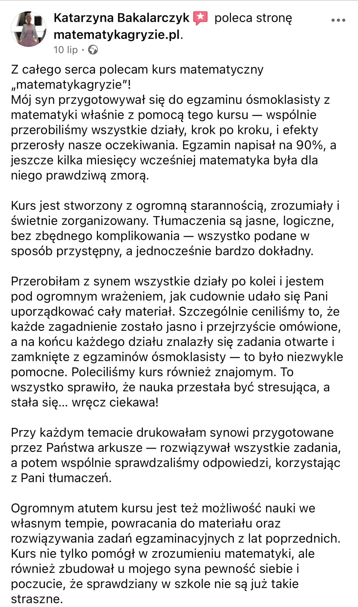 Opinia rodzica — wynik 90%